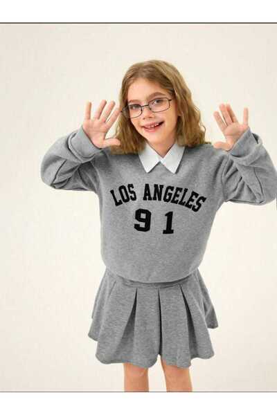 Yavrumsa Girl's Grey Skirt Set - Los Angeles Printed Sweat and Pleated Skirt