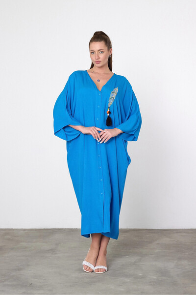 bacc Γυναικείο φόρεμα μάξι με μπλε κέντημα υφαντό βισκόζη Bcvl-25v039