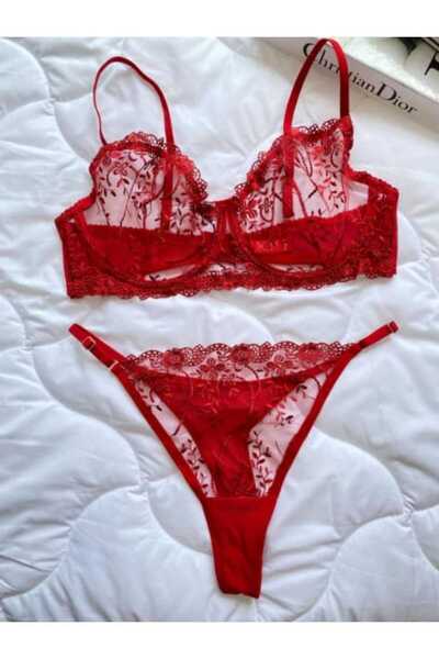 ARONA Balenli Brode İşlemeli Sütyen Tanga Takımı - Kırmızı