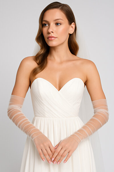 Elegance Scarf Uzun Beyaz Tül Kesik Parmak Gelin Eldiveni