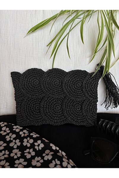 PeriStore Urla Hasır Motifli El Örmesi Portföy Siyah Çanta 30x20 Cm Handmade