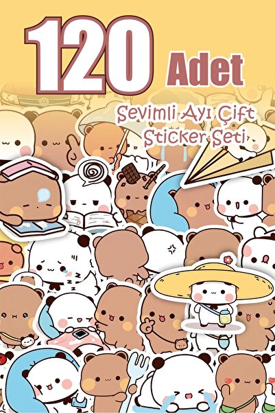 Grafikup 120 Adet Sevimli Ayı Çift Sticker Seti - Sevimli Kalem Laptop Defter...