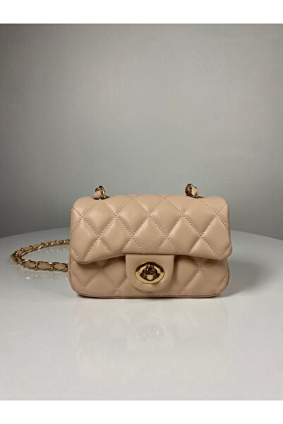 BK Bags & Accessories Pudra Pembe Mini Boy Kapitone Gold Zincir Çapraz Askılı...