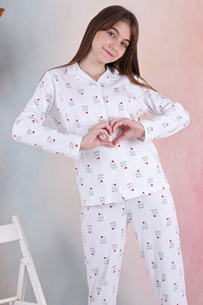 pistyle Set de pijamale pentru fetiță, albă, cu nasturi, cu textul I Love My Dad Mam