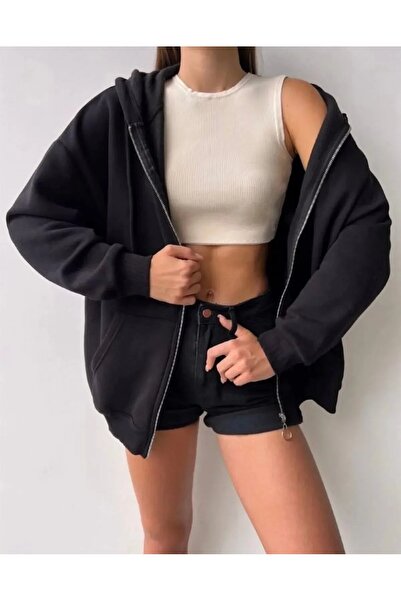 segrock سترة نسائية سوداء بقلنسوة وسحاب، سويت شيرت