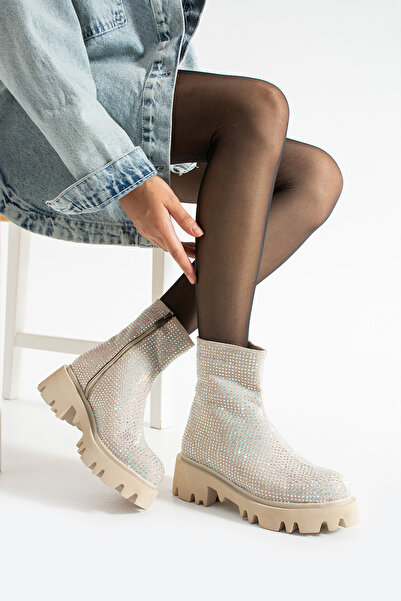 diclepolat Kadın Bej Bot Taşlı Kalın Taban Fermuarlı Noles