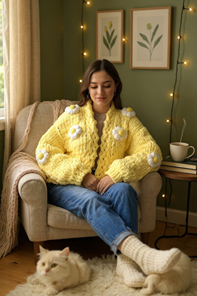 Zuviel Deco Handmade Handmade Butter Yellow Floral Chunky Puffy Cardigan