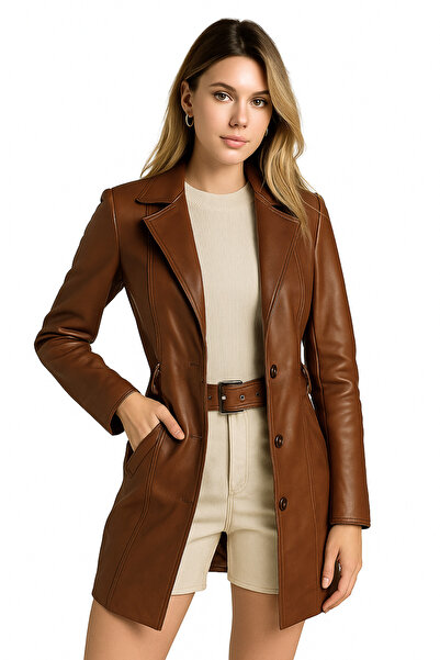 DERİJE Farah Hakiki Deri Kadın Taba Trençkot