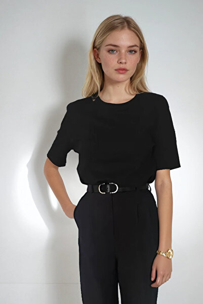 poupee Черна тениска с подплатени рамене, Дамска тениска с подплатени рамене, Памучна тениска от пениран памук