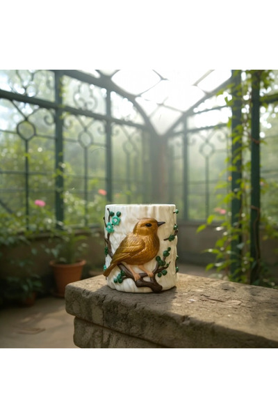 BELLATRİX ATÖLYE DEKORATİF BAKIR RENKLİ KUŞ DESENLİ ÇİÇEKLİK\KALEMLİK