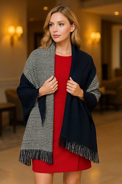 Betülce “Kadın Kışlık Ekoseli Yünlü Şal - Çift Taraflı Omuz Şalı / Oversize Battaniye Şal 70x190cm”-LACİVERT