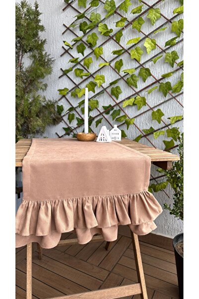 Decamor home Runner vintage din catifea cu textura dublu strat, cu volane, maro lapte