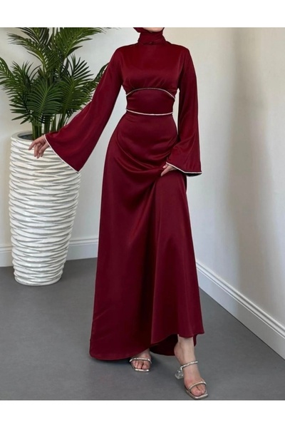 Satin Evening Dress with Design Sleeve and Waist Gem Narrow Form