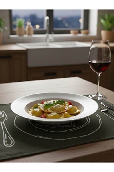 RahanDesign Ravioli Patterned 4-Piece Khaki Green American Tablecloth - 35X45Cm - 4-Piece Suede American Tablecloth Set