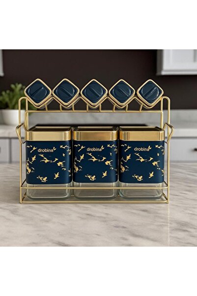 drobina Black glass and marble salt shaker and spice jar set with gold lids and decoration, 8 pieces, with a metal stand