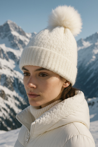 Luminos Butik Біла вовняна імпортна шапка - з помпоном, BERE1136