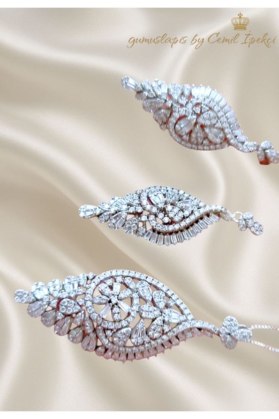 lpsankara Baget Taşlı Çiçek Motif Büyük Boy Gümüş Set