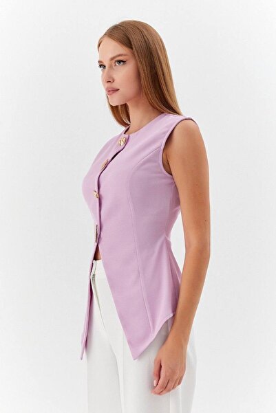 Kinzi Women's Curved Collar Buttoned Asymmetrical Lilac Vest
