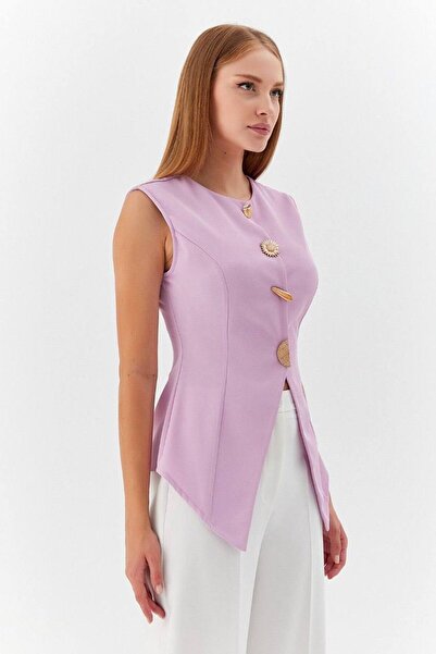 Kinzi Women's Curved Collar Buttoned Asymmetrical Lilac Vest