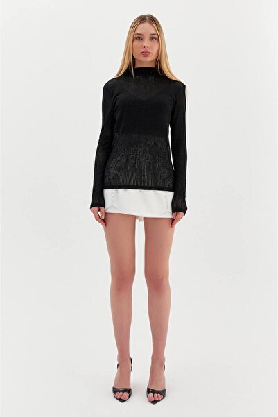 Kinzi Kadın Siyah Uzun Kollu File Detaylı Bluz - Şık ve Rahat Tasarım