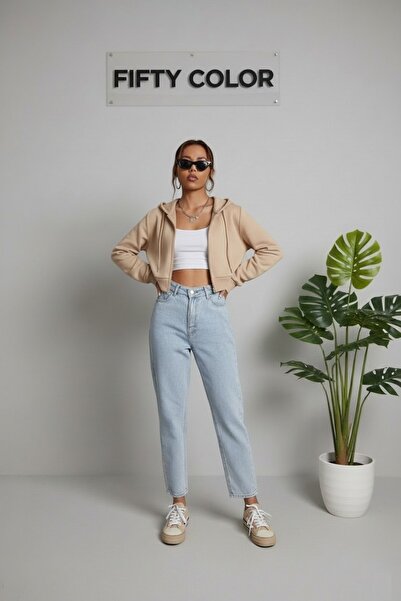 Fifty Color Kadın Kapüşonlu Fermuarlı Crop Hırka Sweatshirt -Üç İplik Şardonlu