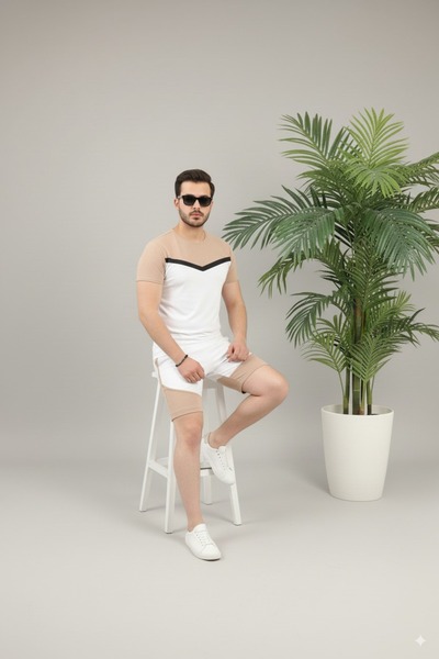 Fifty Color Unisex Συνδυασμός καλοκαιρινού σορτς και μπλουζάκι White-Camel