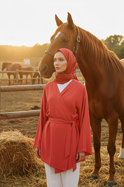 Zeneva Collection Roșu - Kimono Tesettür pentru femei din țesătură naturală d...