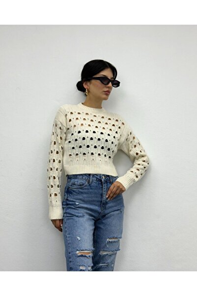 deqfashion Kadın Ekru Bisiklet Yaka Ajurlu Triko Kazak