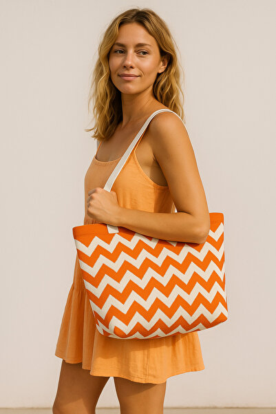 Sebir Moda Zigzag Patterned Knitwear Shoulder and Beach Bag