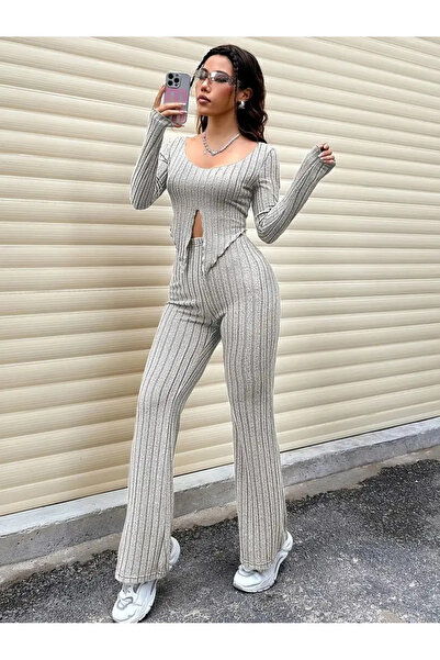 Wildco Women's Light Gray Round Neck Long Sleeve Slit Front Detailed Lycra Blouse Spanish Leg Pants Set