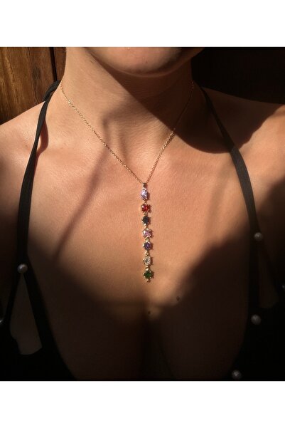 pop up store Renkli Zirkon Taşlı Gümüş Renk Çelik Zincir Kolye