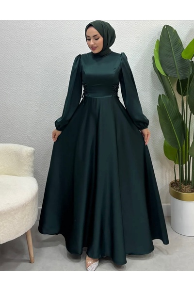 modasusev Βραδινό φόρεμα από σατέν τσαντάκι - Με κορδόνι στη μέση