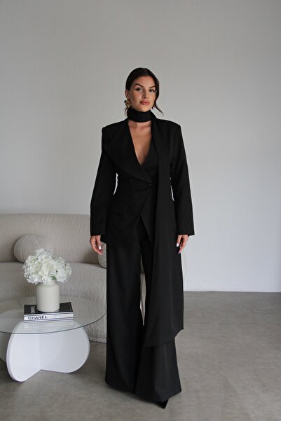 Julidress Σετ Premium Design με μαύρο σάλι, διπλό σακάκι και παντελόνι Palazzo