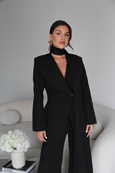 Julidress Σετ Premium Design με μαύρο σάλι, διπλό σακάκι και παντελόνι Palazzo