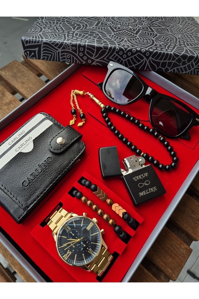 WERWOLF BAY KOL SAATİ SETİ ÇAKMAK CÜZDAN GÖZLÜK TESBİH BİLEKLİLİ SET GOLD