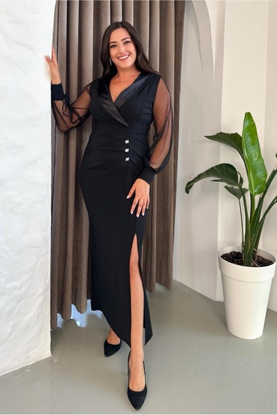 Butik Nilyam Rochie de seară lungă, elastică, cu mâneci lungi, cu mâneci lungi, cu decolteu dublu, cu nasturi 24175