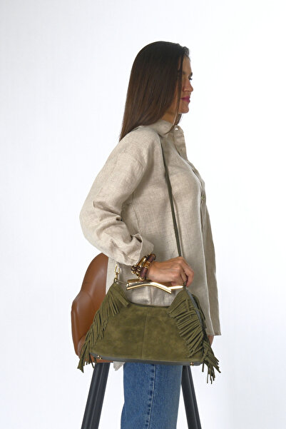 ABBRA Women's Real Suede Leather Bag with Gold Handles and Tassels on the Sides, Lined