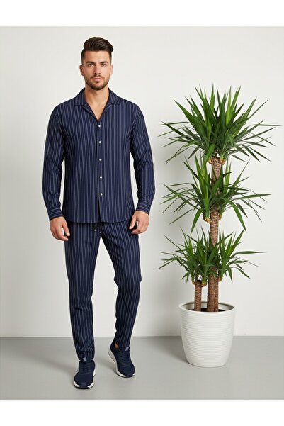 Fifty Color Alaçatı Style Crepe Fabric Line Detail Unisex Shirt and Pants Set