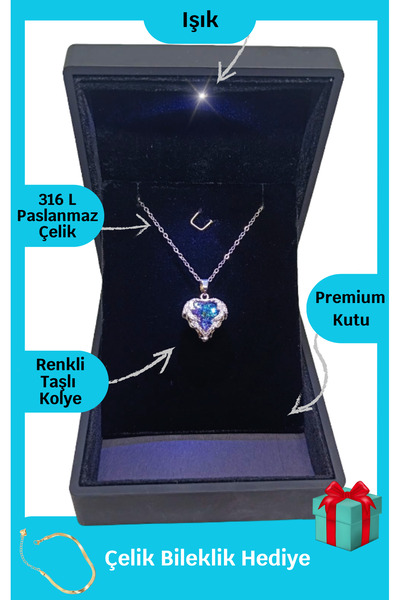 ganispe Işıklı Premium Kutuda Kalp Kolye Gümüş Renk | 316l Çelik - Kararmaz I...