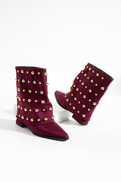 diclepolat Women's Burgundy Gold Studded Pointed Toe Flat Heel Suede Boots Ginez