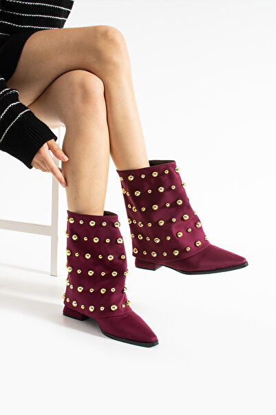 diclepolat Kadın Bordo Altın Zımbalı Sivri Burun Düz Topuk Süet Bot Ginez