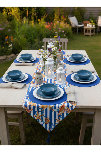 shopshop 7 Piece Starfish Pattern Presentation Set 6 Pieces American Tablecloth 1 Piece Tasseled Runner Cover Set