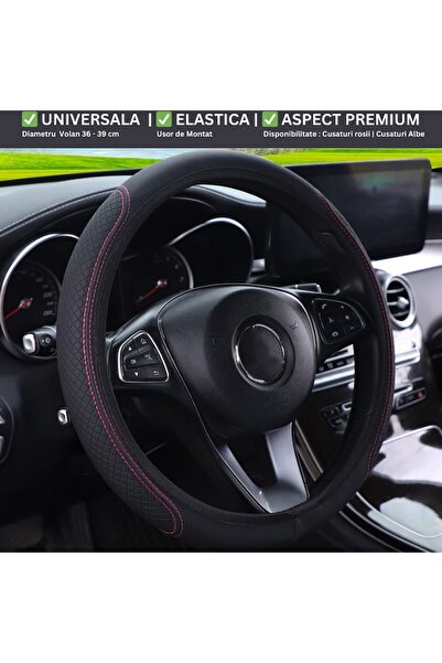 Zippi Steering Wheel Cover Leatherette, Red Stitching, 36-39 cm