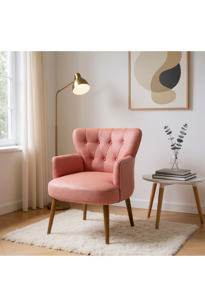 Azra Mobilya Modern Berjer Tekli Koltuk – Somon Babyface Kumaş, Ceviz Ayak, | Salon, Oturma Odası, Balkon İçin