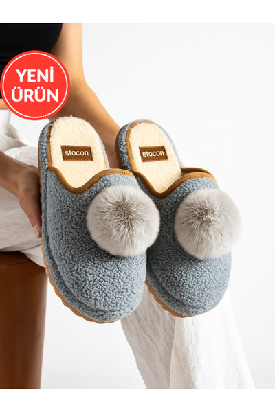 STOCON Papuci de casă cu pompon pentru femei, fără sunet, cu talpă groasă, papuci de iarnă STC1162