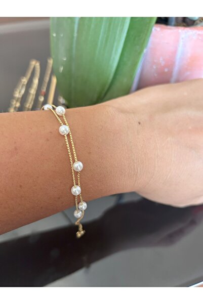 Butik İnci Görünümlü Çift Zincirli Biana Kadın Bileklik, Altın & Gümüş Renk, ...
