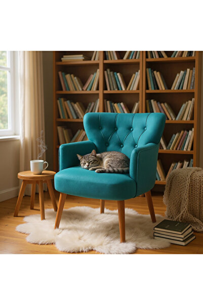 Azra Mobilya Modern Berjer Tekli Koltuk – Petrol Mavi Babyface Kumaş, Ceviz Ayak, | Salon, Oturma Odası, Balkon