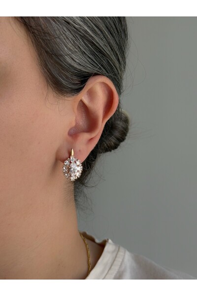 Owentis Steel Rose Gold Full Crystal Stone Diamond Model Oval Cut Azirith Earrings -No Tarnishing-