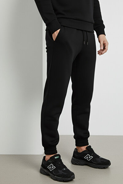 Elemge Βαμβακερό ανδρικό σετ αθλητικής φόρμας 2 τεμαχίων Μαύρο Regular Fit με κορδόνια με τσέπες 3 κλωστών ελαστικό πόδι που αναπνέει