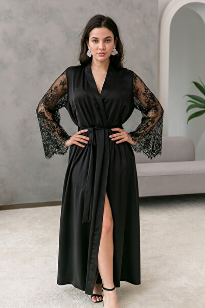 Juwana Lace Long Bridal Robe, Black Wedding Kimono, Lace Sleeves